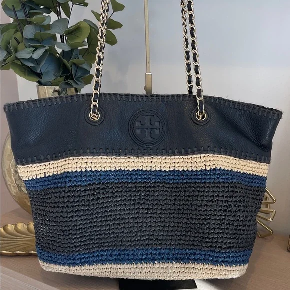 Tory Burch Black, Cream and Navy Woven Tote - Picture 1 of 8